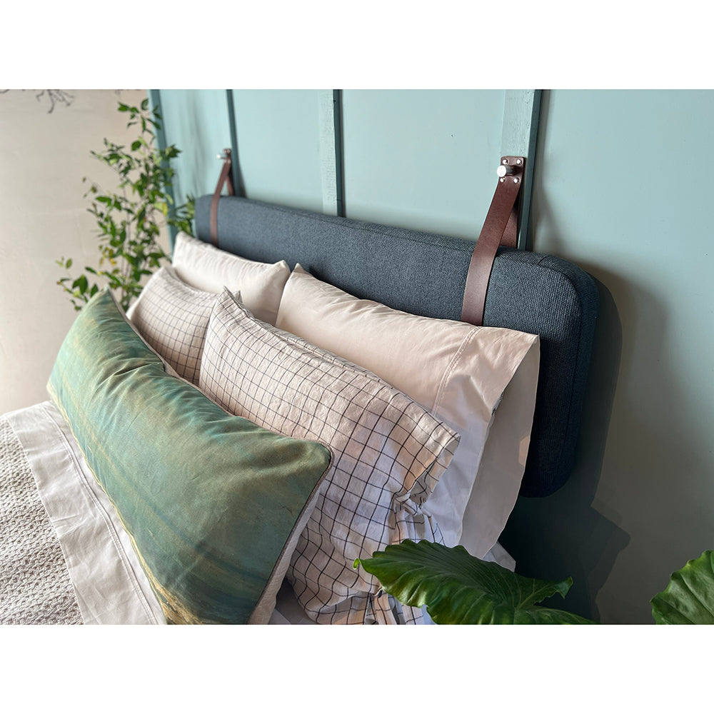 Ocean Blue Performance Fabric - Wall Hung Headboard Cushion with Leather Straps