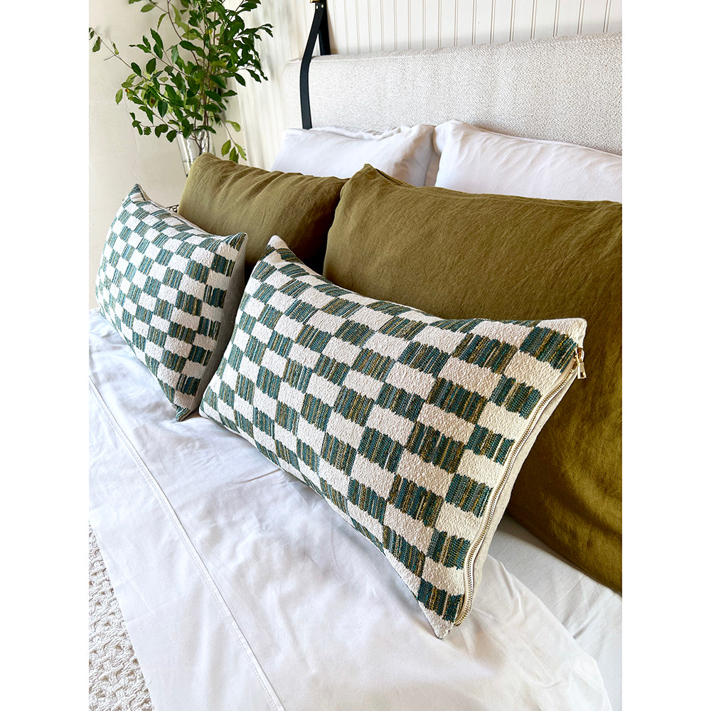 15x25 - White & Green Narrow Checkerboard Lumbar Pillow Cover with Gold Zipper