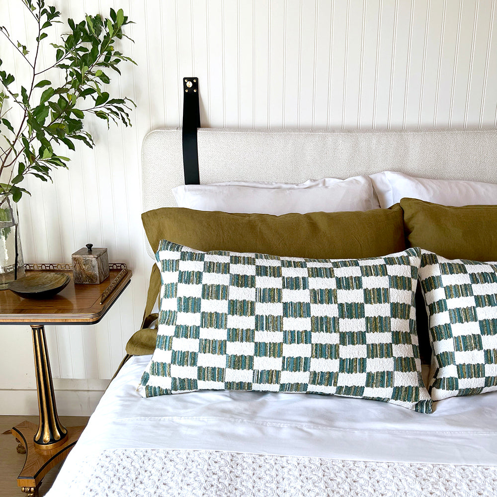 15x25 - White & Green Narrow Checkerboard Lumbar Pillow Cover with Gold Zipper