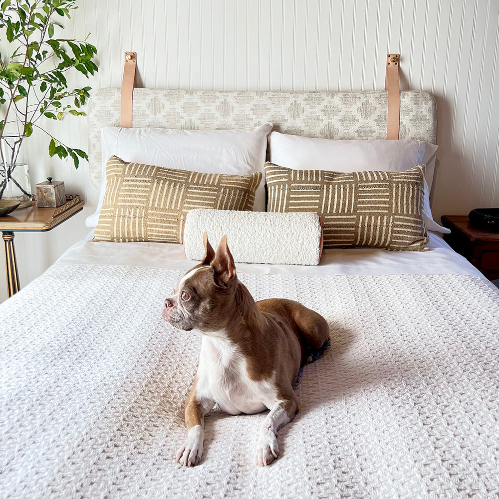 LAST TWO - QUEEN SIZE - Hazy Circles Performance Fabric - Wall Hung Headboard Cushion with Leather Straps