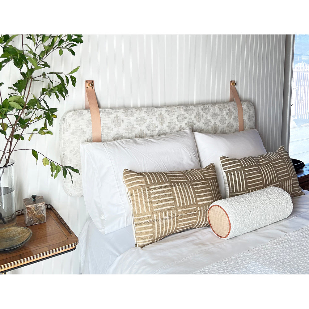 LAST TWO - QUEEN SIZE - Hazy Circles Performance Fabric - Wall Hung Headboard Cushion with Leather Straps