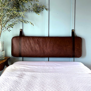 Cognac Brown Distressed Leather Headboard or Backrest Cushion with Straps