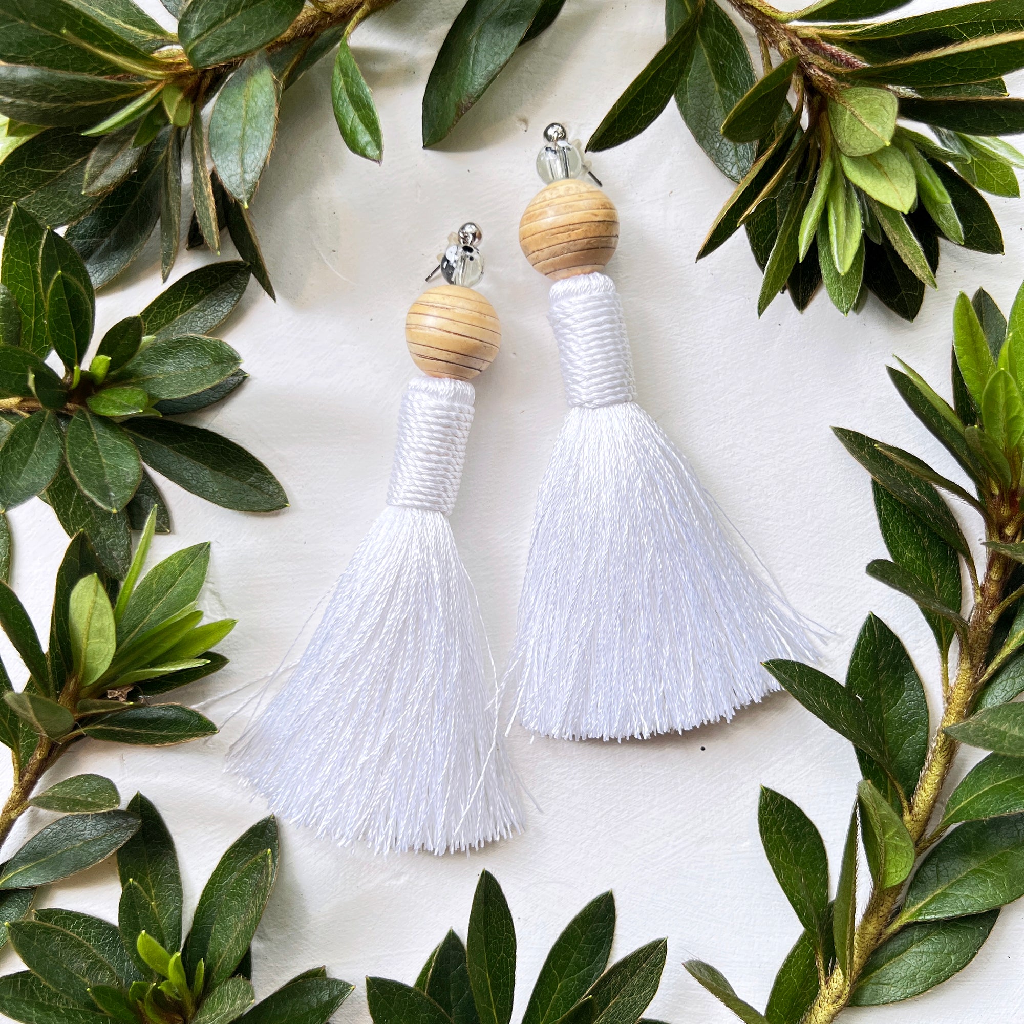 Silk Tassel Earrings - White with Wood