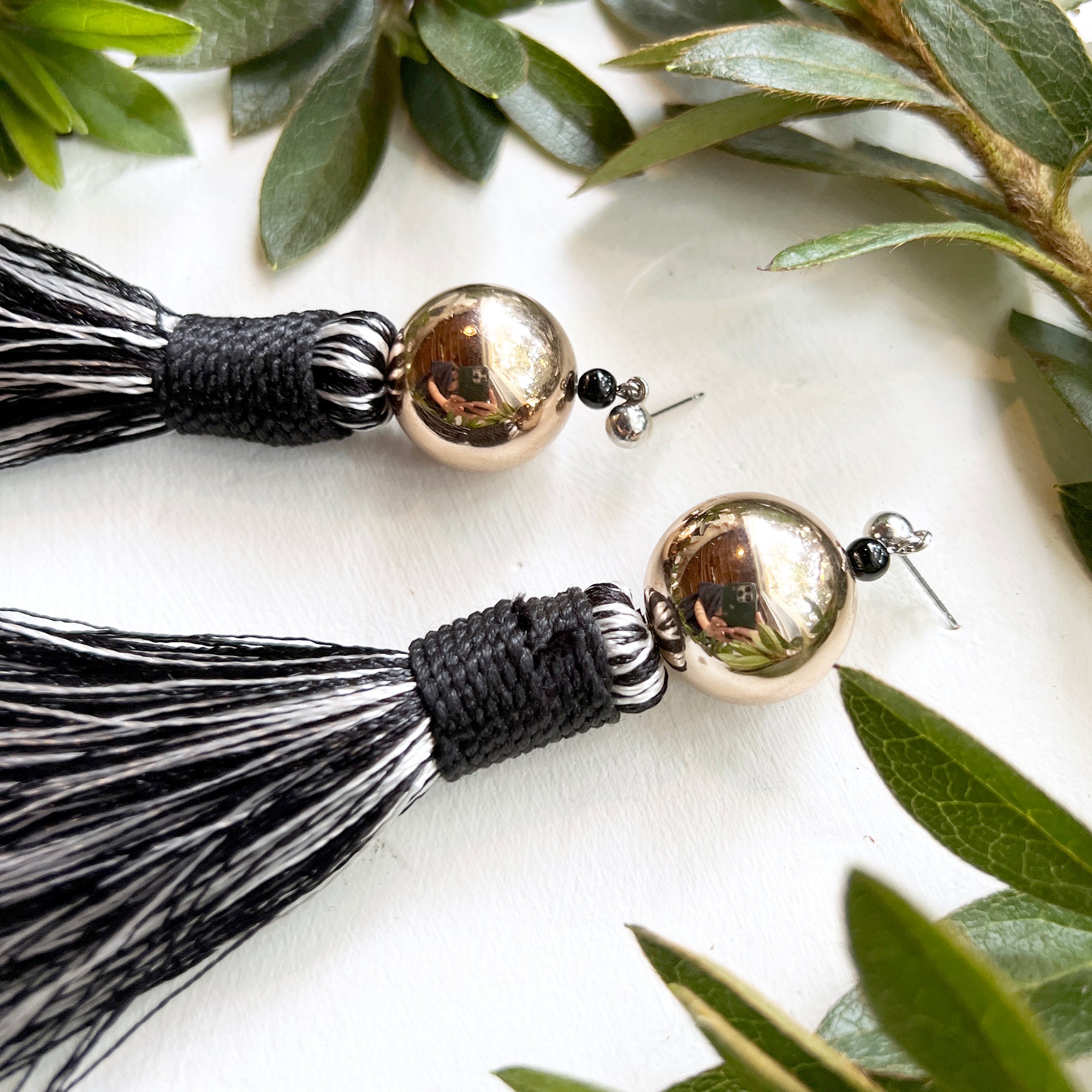 Silk Tassel Earrings - Black, White and Copper