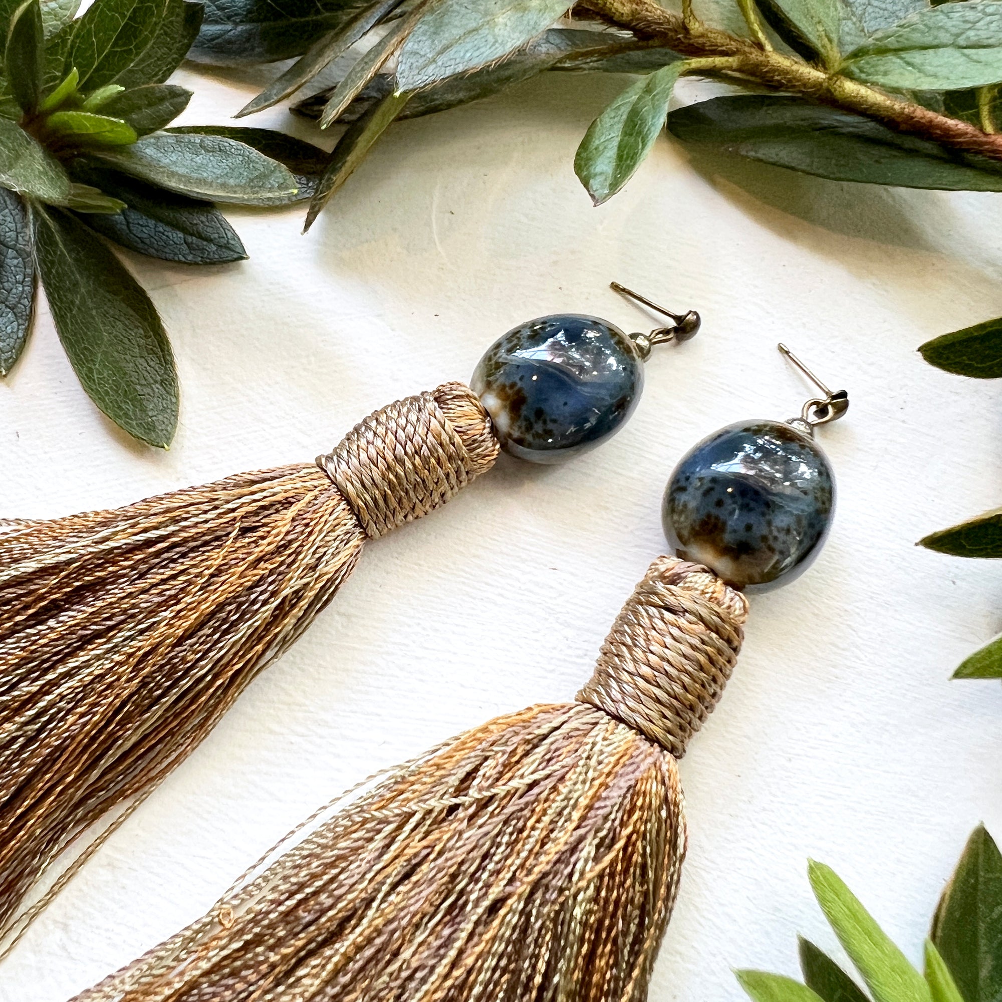 Silk Tassel Earrings - Blue Ceramic