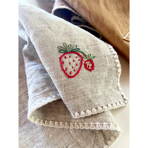 Hand Embroidered Linen Napkins - Set of 4 - Strawberries