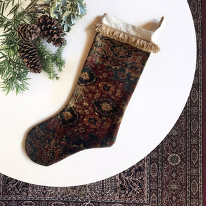 Dark Burgundy & Beige Antique Rug Print Christmas Stocking with Yarn Fringe