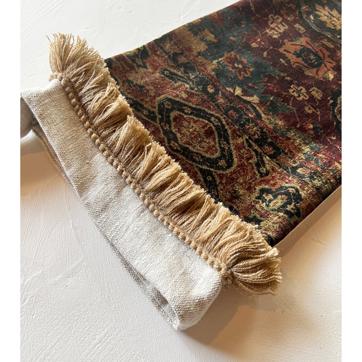 Dark Burgundy & Beige Antique Rug Print Christmas Stocking with Yarn Fringe