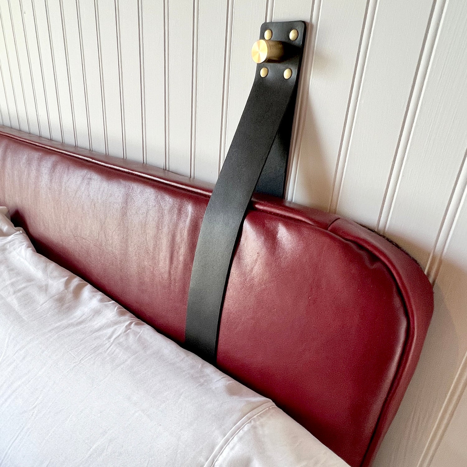 Merlot Smooth Leather Headboard or Backrest Cushion with Straps