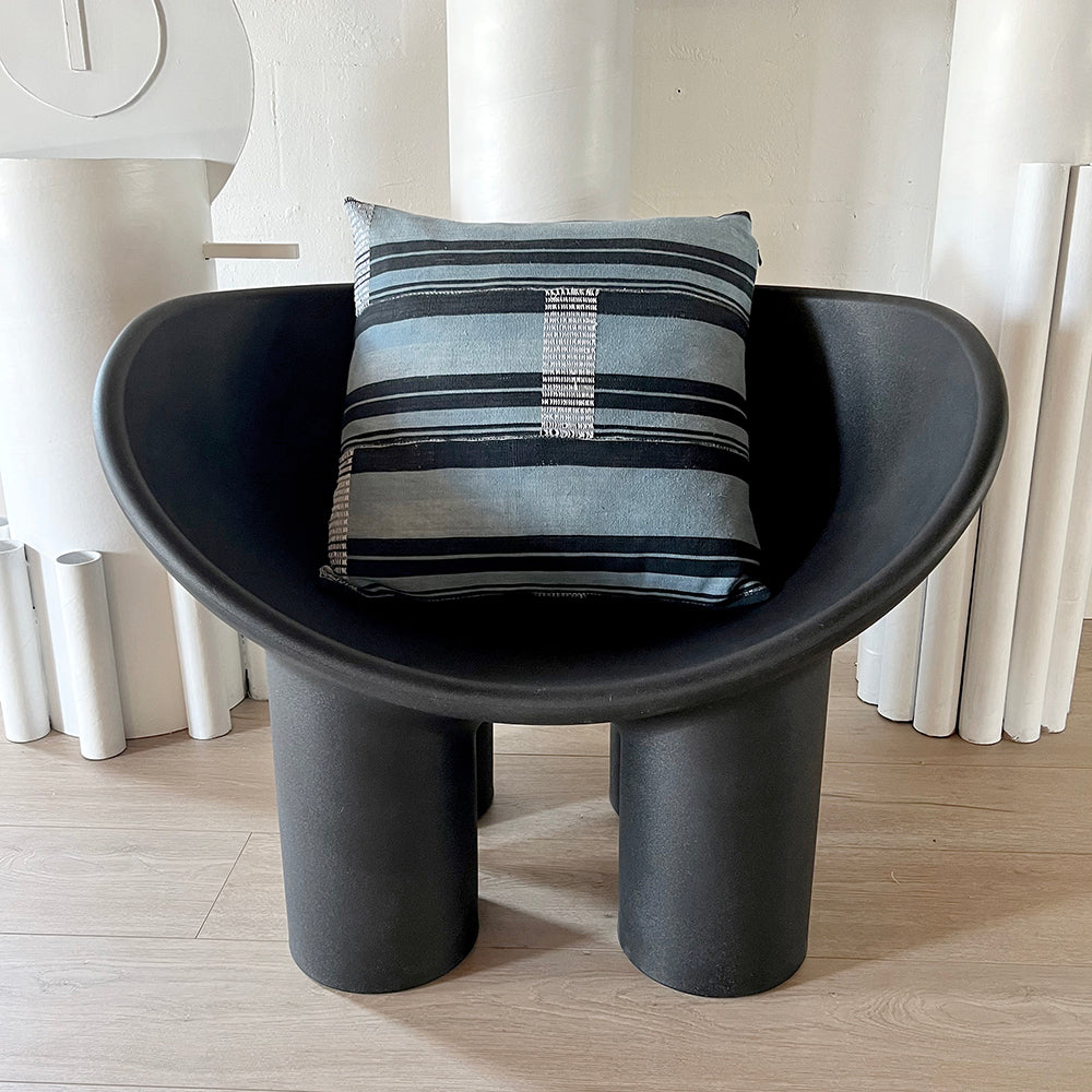 20x20 Square -  African Textile Pillow Cover - Black & Blue Stripe