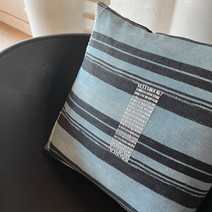 20x20 Square -  African Textile Pillow Cover - Black & Blue Stripe