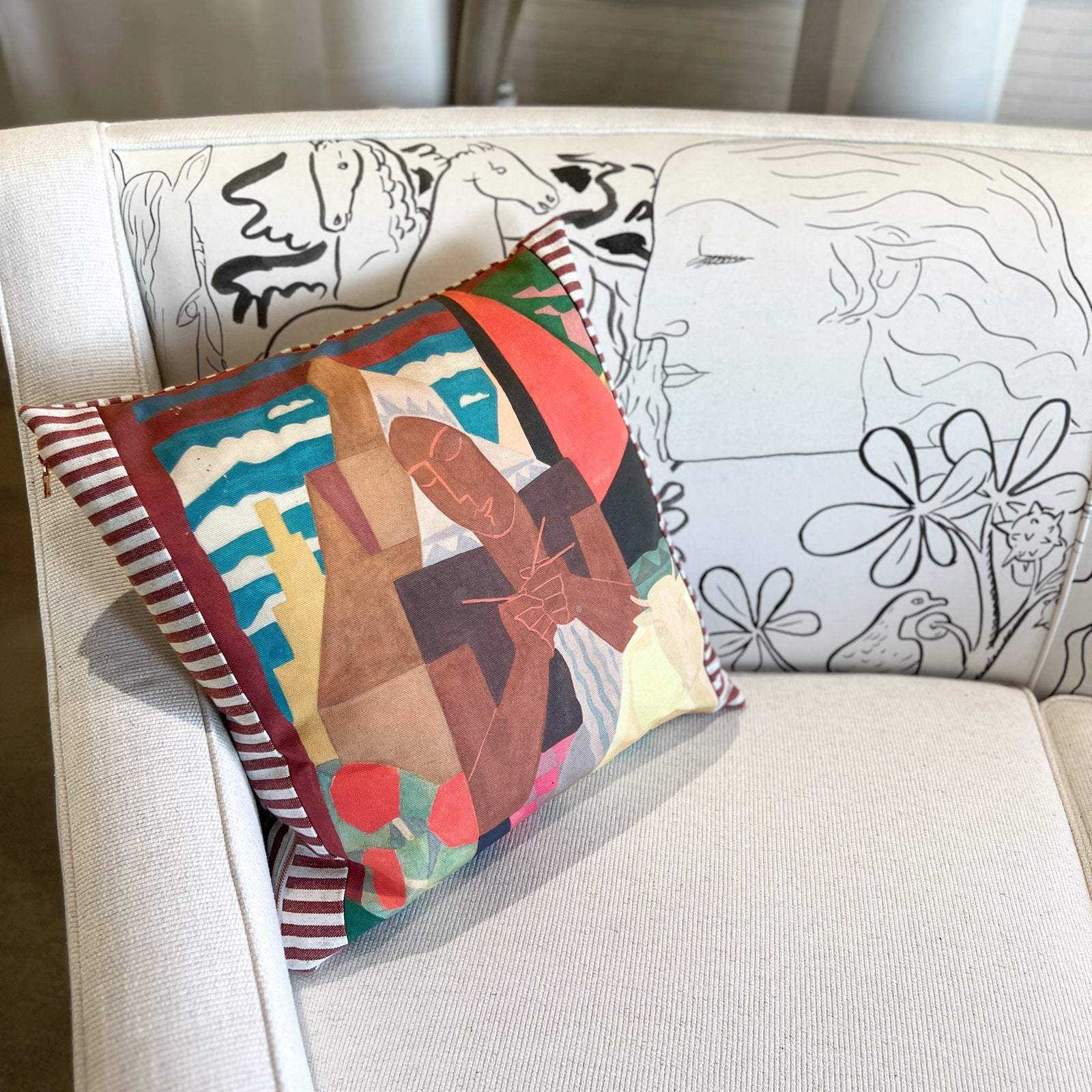 20x20 inch Square - Cotton and Linen Pillow Cover - Knitting Woman