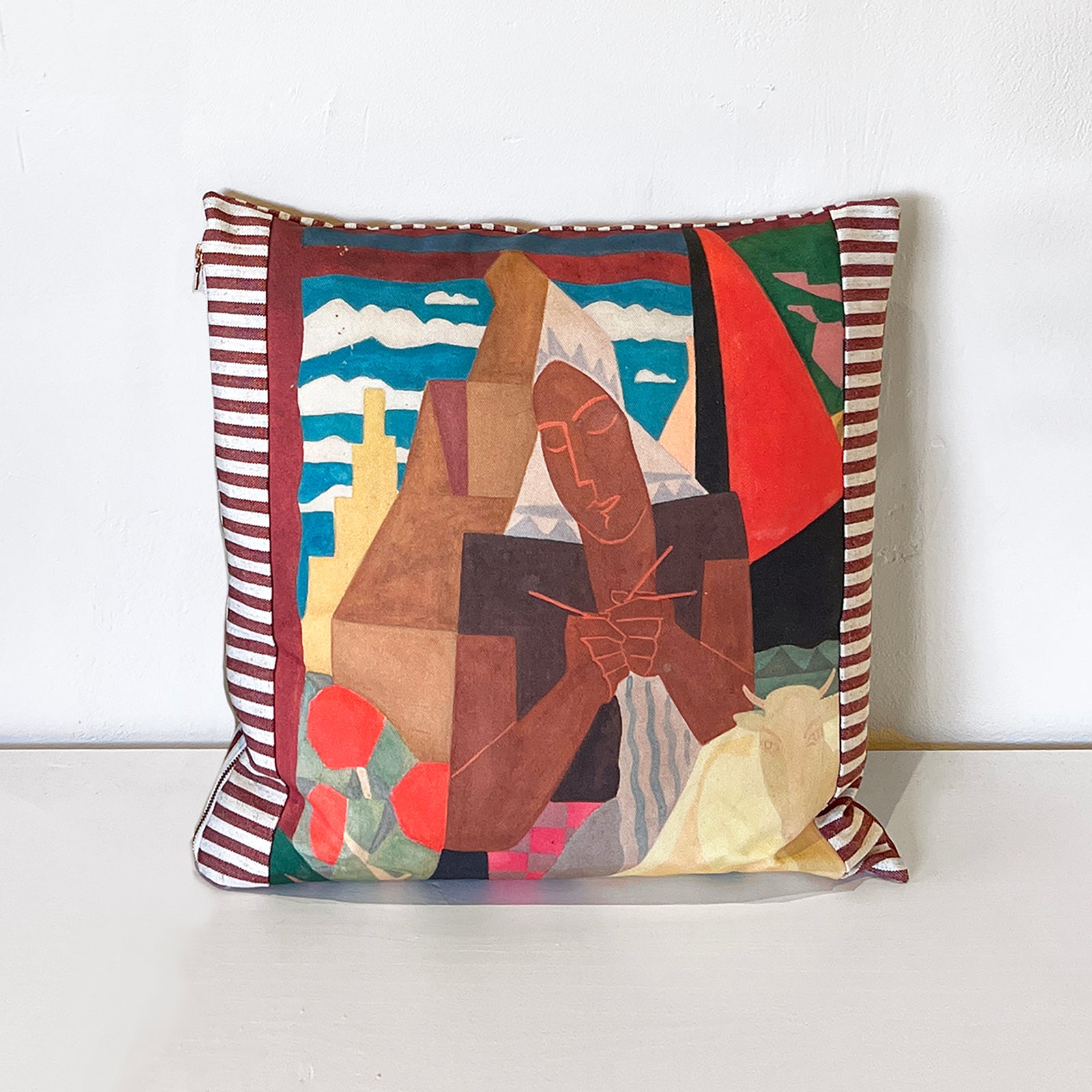 20x20 inch Square - Cotton and Linen Pillow Cover - Knitting Woman