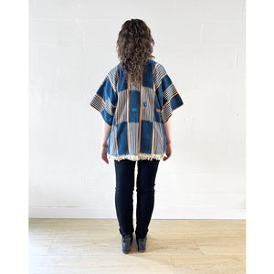 Vintage African Baule Cloth Robe Jacket - Indigo Checkerboard