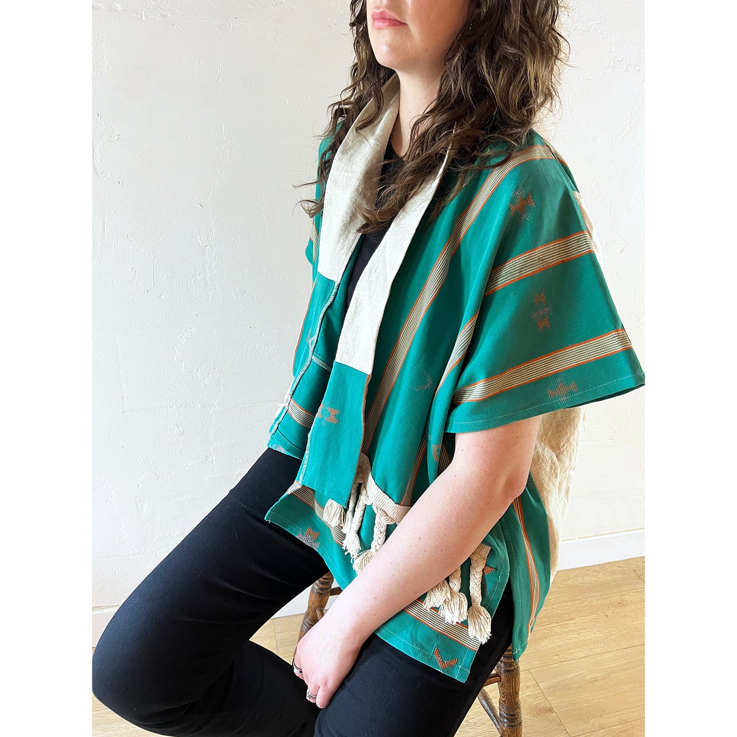Vintage African Baule Cloth Robe Jacket - Jade with Tassels