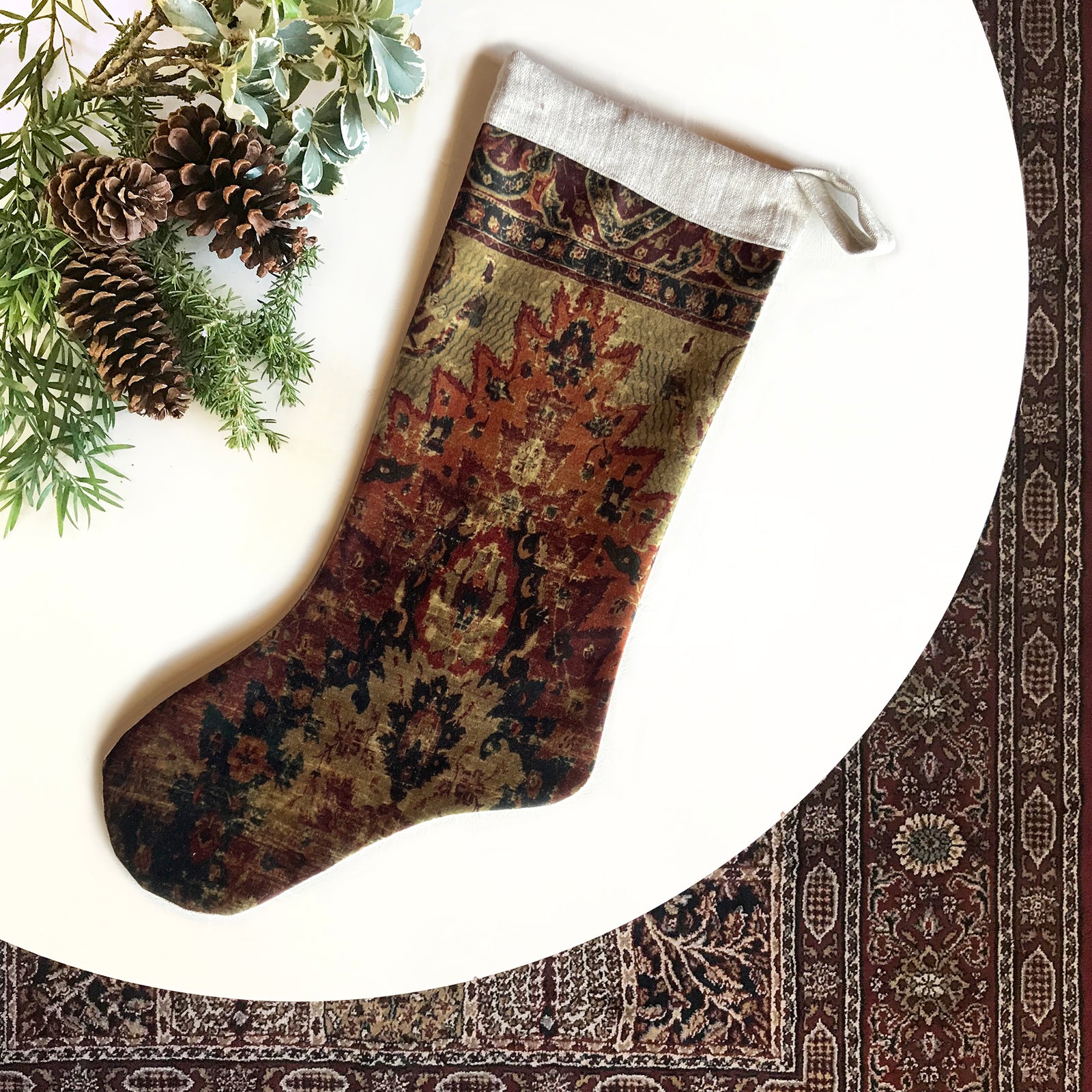 Burgundy Flame Antique Rug Print Christmas Stocking