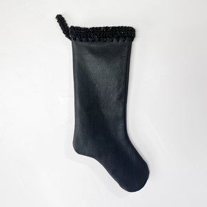 Black Leather with Hand Crochet Trim Christmas Stocking