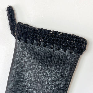 Black Leather with Hand Crochet Trim Christmas Stocking