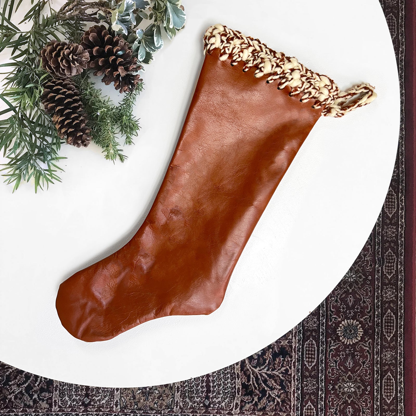 Full Grain Italian Leather Bourbon Brown with Vintage Yarn Hand Crochet Trim Christmas Stocking