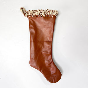 Bourbon Leather with Vintage Yarn Hand Crochet Trim Christmas Stocking