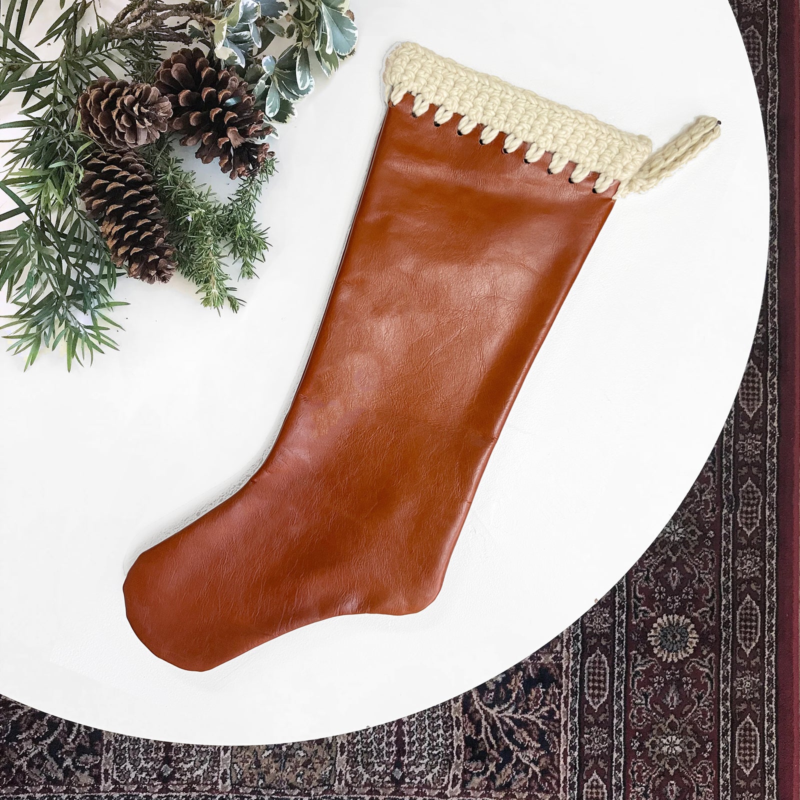 Italian Leather Bourbon Reddish Brown with Cream Hand Crochet Trim Christmas Stocking