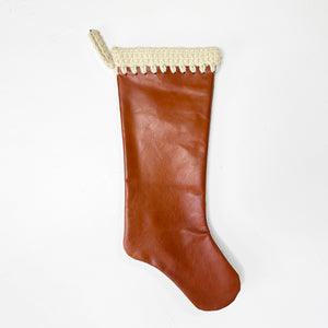 Bourbon Leather with Cream Hand Crochet Trim Christmas Stocking