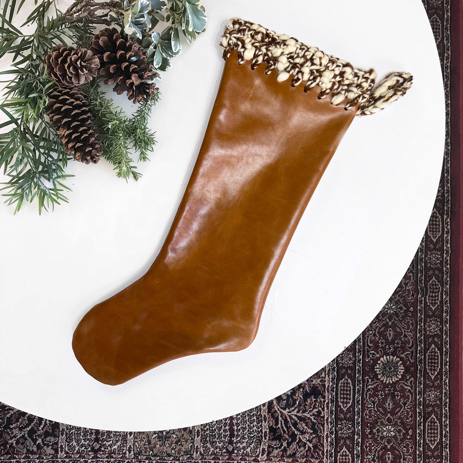 100% Italian Cowhide Dark Honey Leather with Vintage Yarn Hand Crochet Trim Christmas Stocking