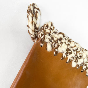 Dark Honey Leather with Vintage Yarn Hand Crochet Trim Christmas Stocking