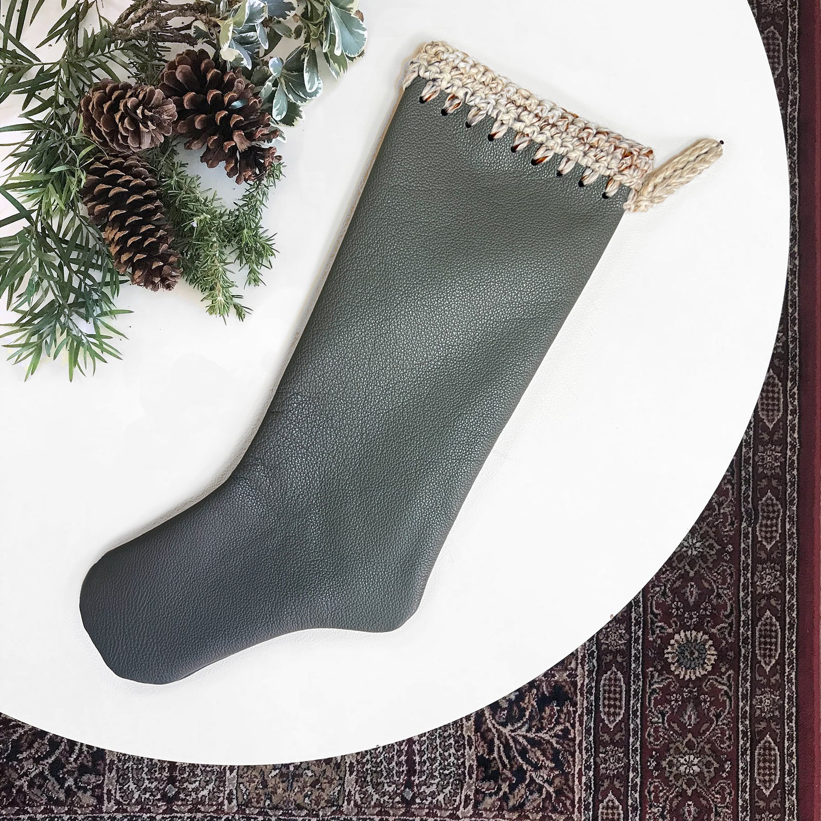 Pebbled Gray 100% Cowhide Leather with Hand Crochet Trim Christmas Stocking