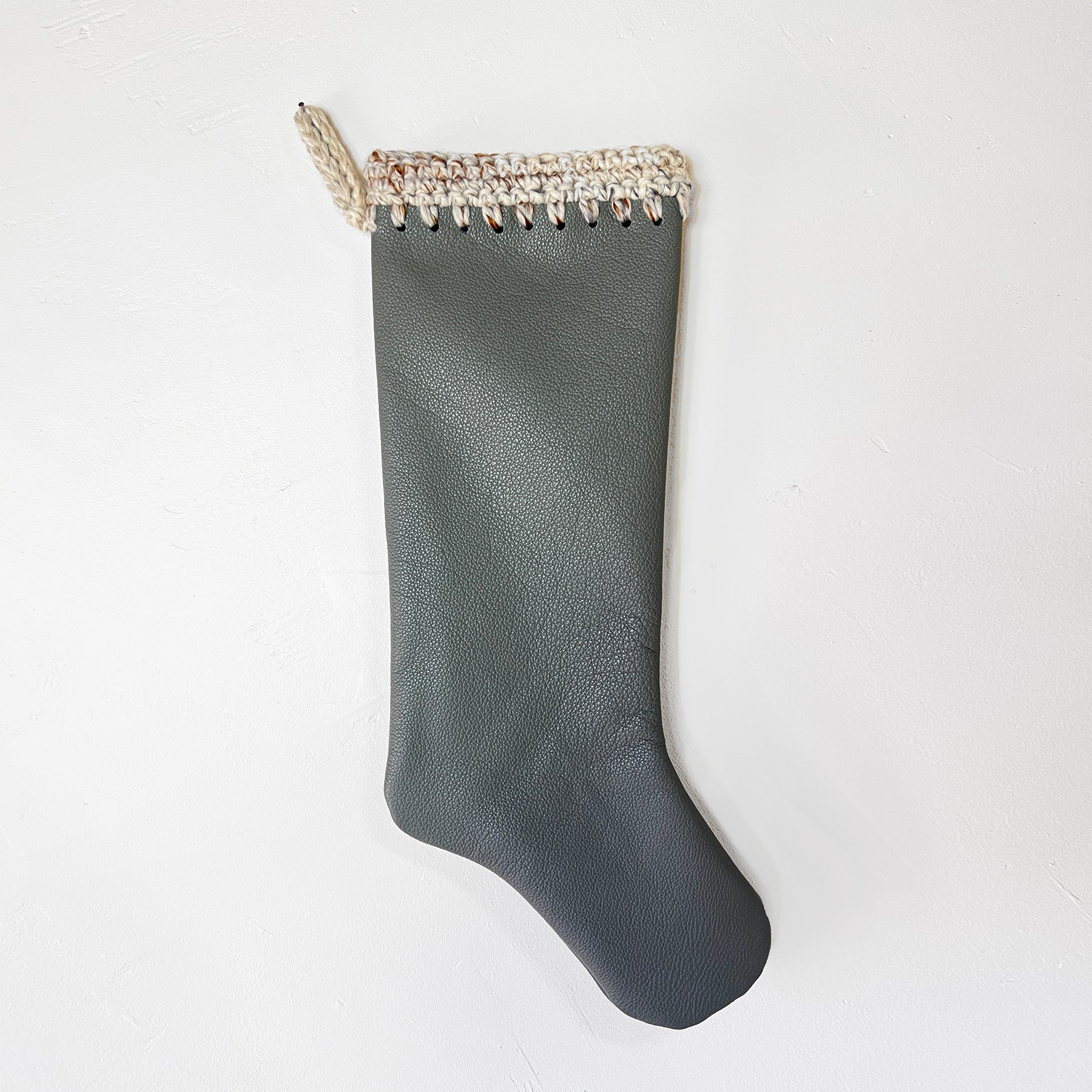 Gray Leather with Hand Crochet Trim Christmas Stocking