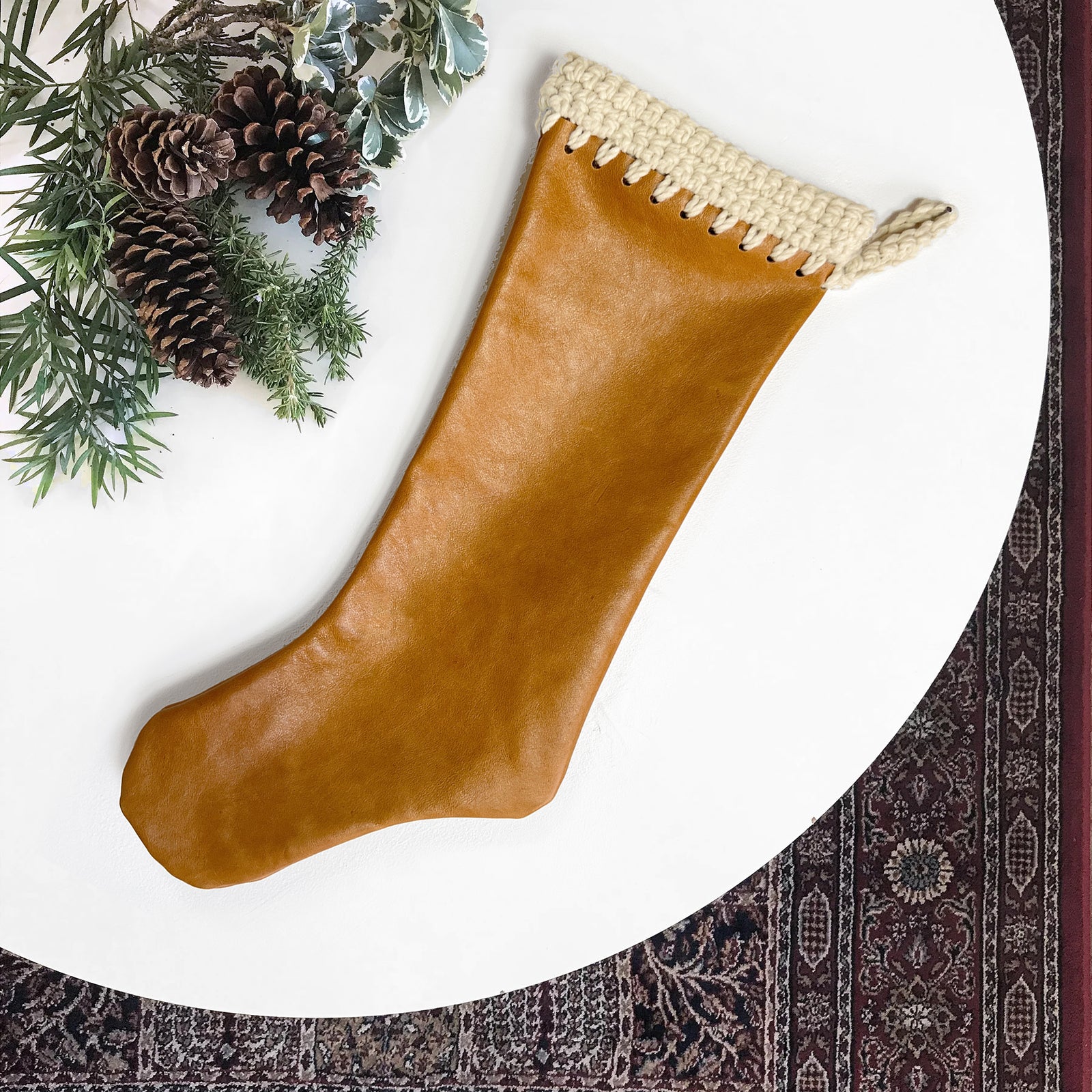 100% Italian Leather Honey Beige Color with Cream Hand Crochet Trim Christmas Stocking