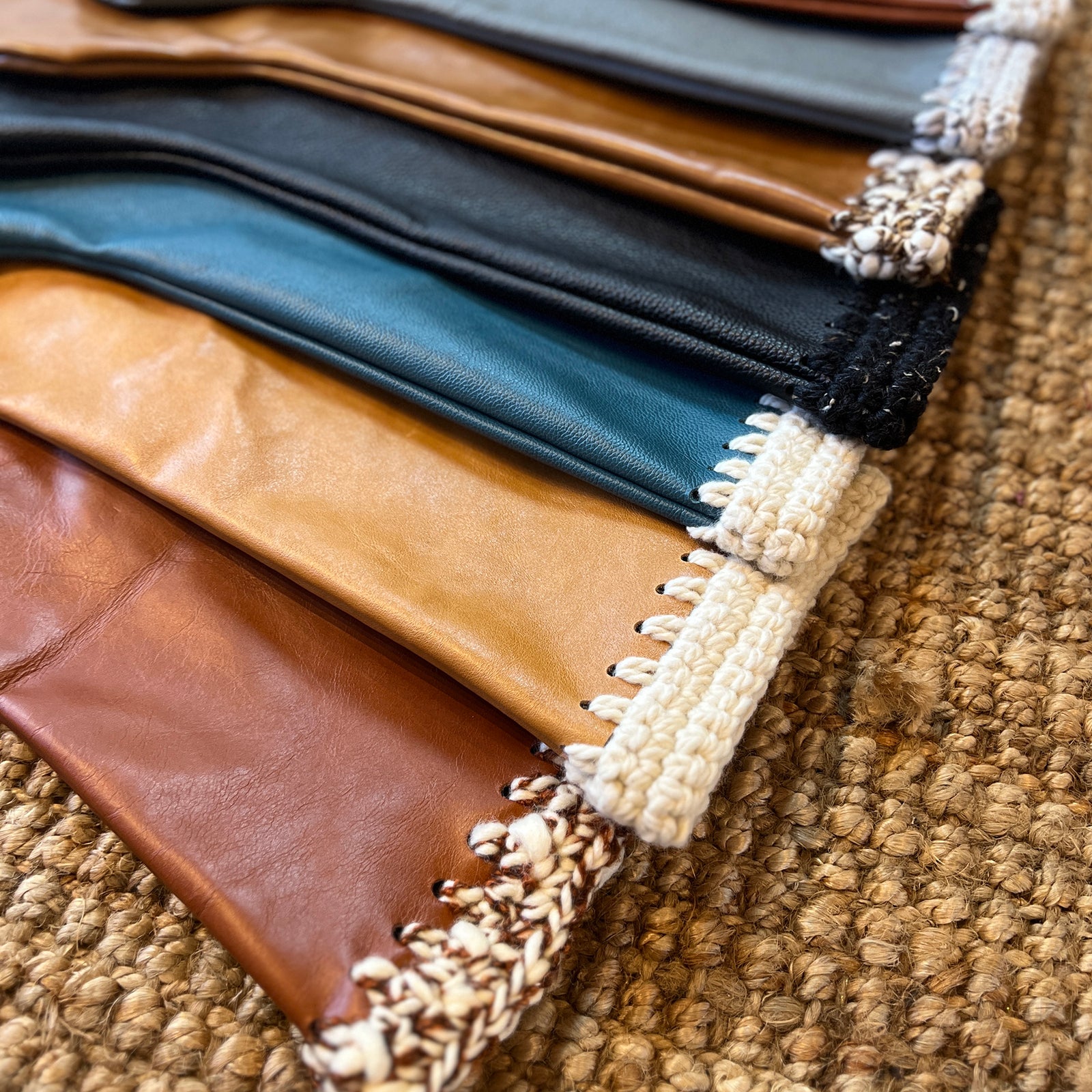 100% Italian Leather Honey Beige Color with Cream Hand Crochet Trim Christmas Stocking