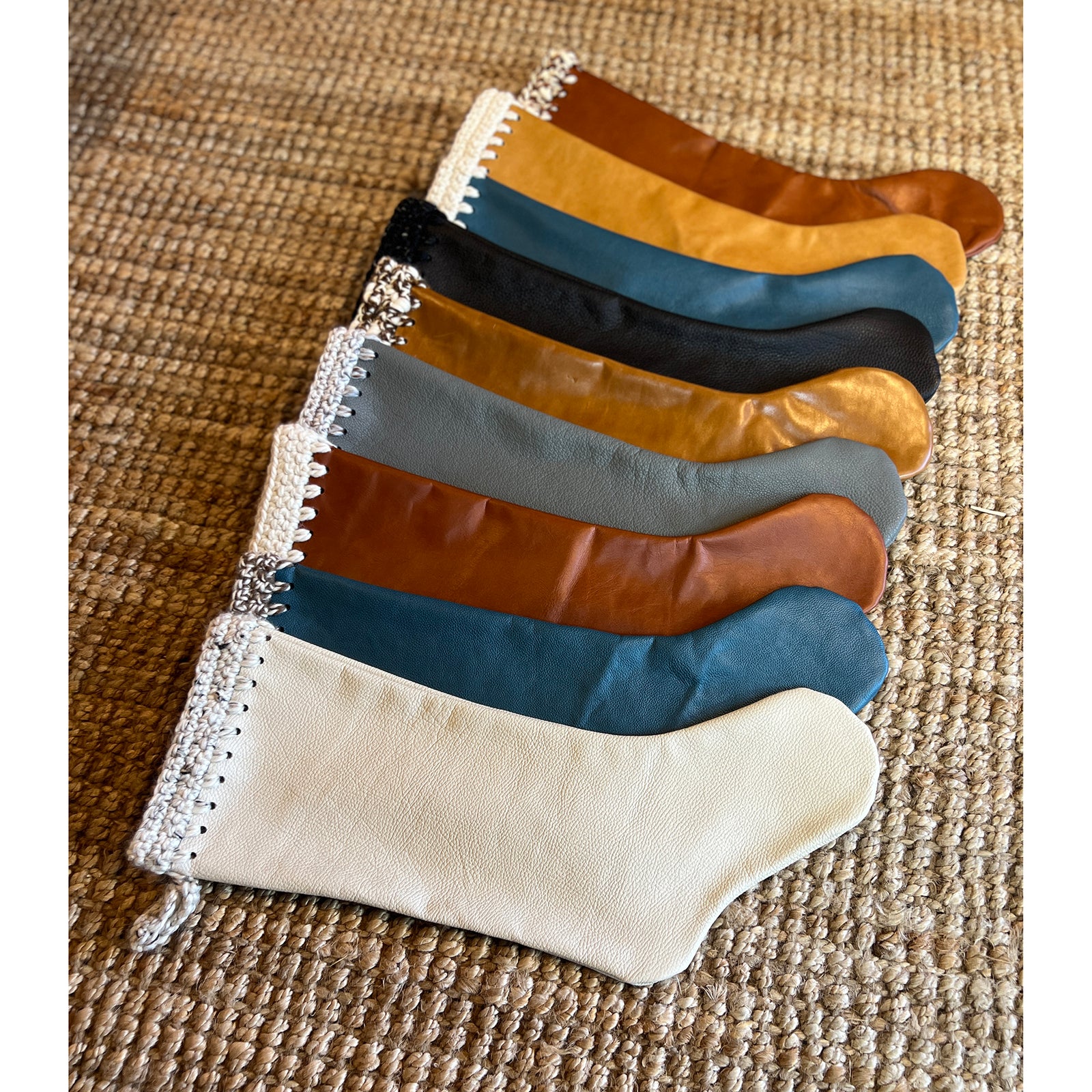 Pebbled Gray 100% Cowhide Leather with Hand Crochet Trim Christmas Stocking