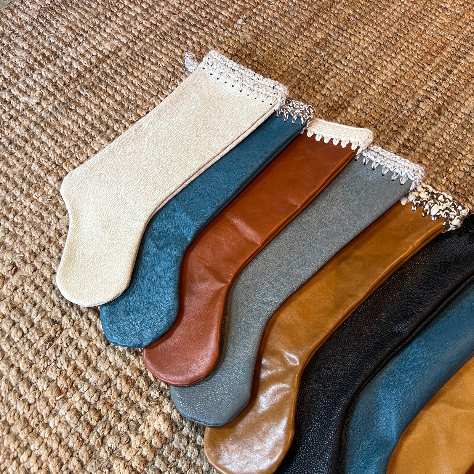 100% cowhide Teal Leather with Vintage Yarn Hand Crochet Trim Christmas Stocking