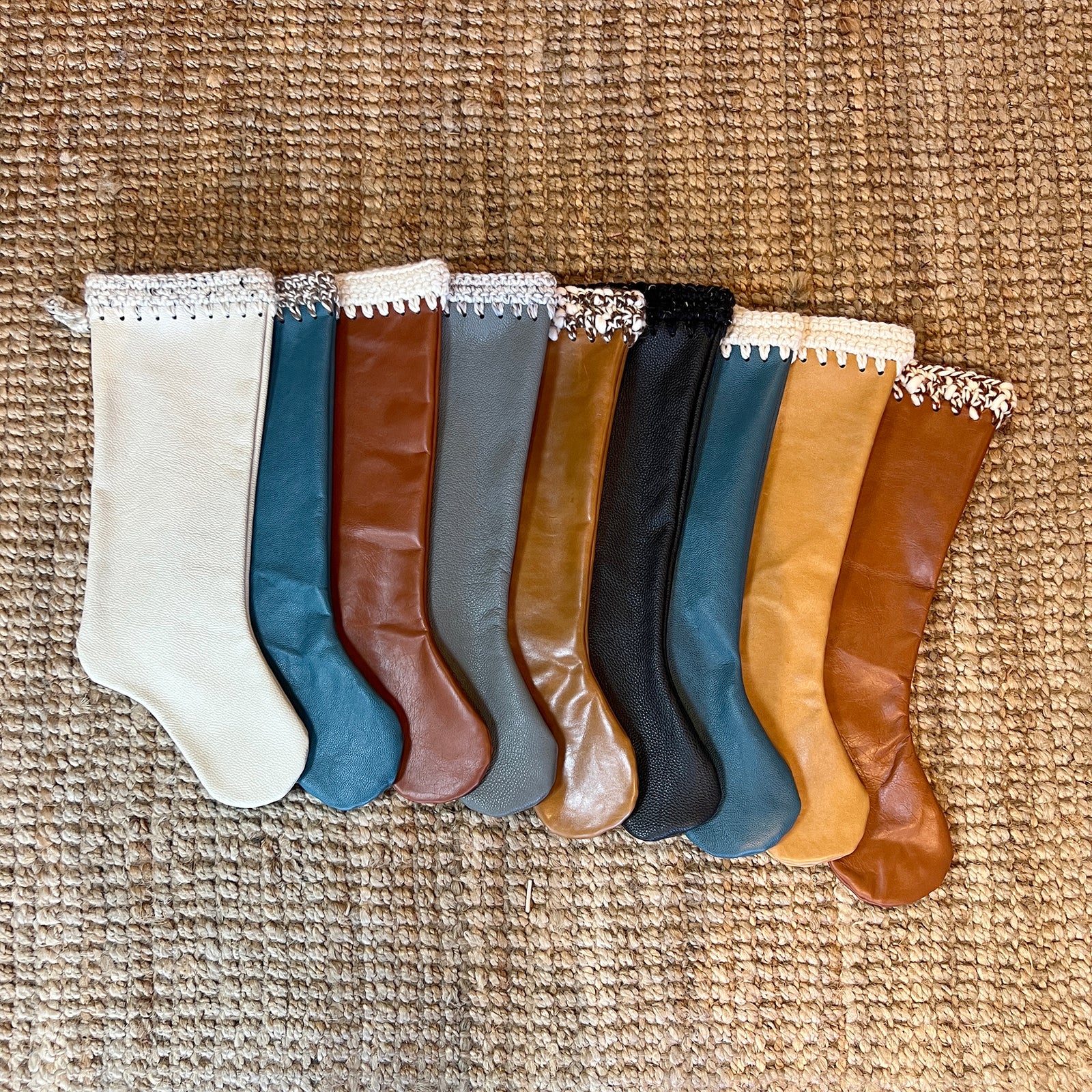 Italian Leather Bourbon Reddish Brown with Cream Hand Crochet Trim Christmas Stocking