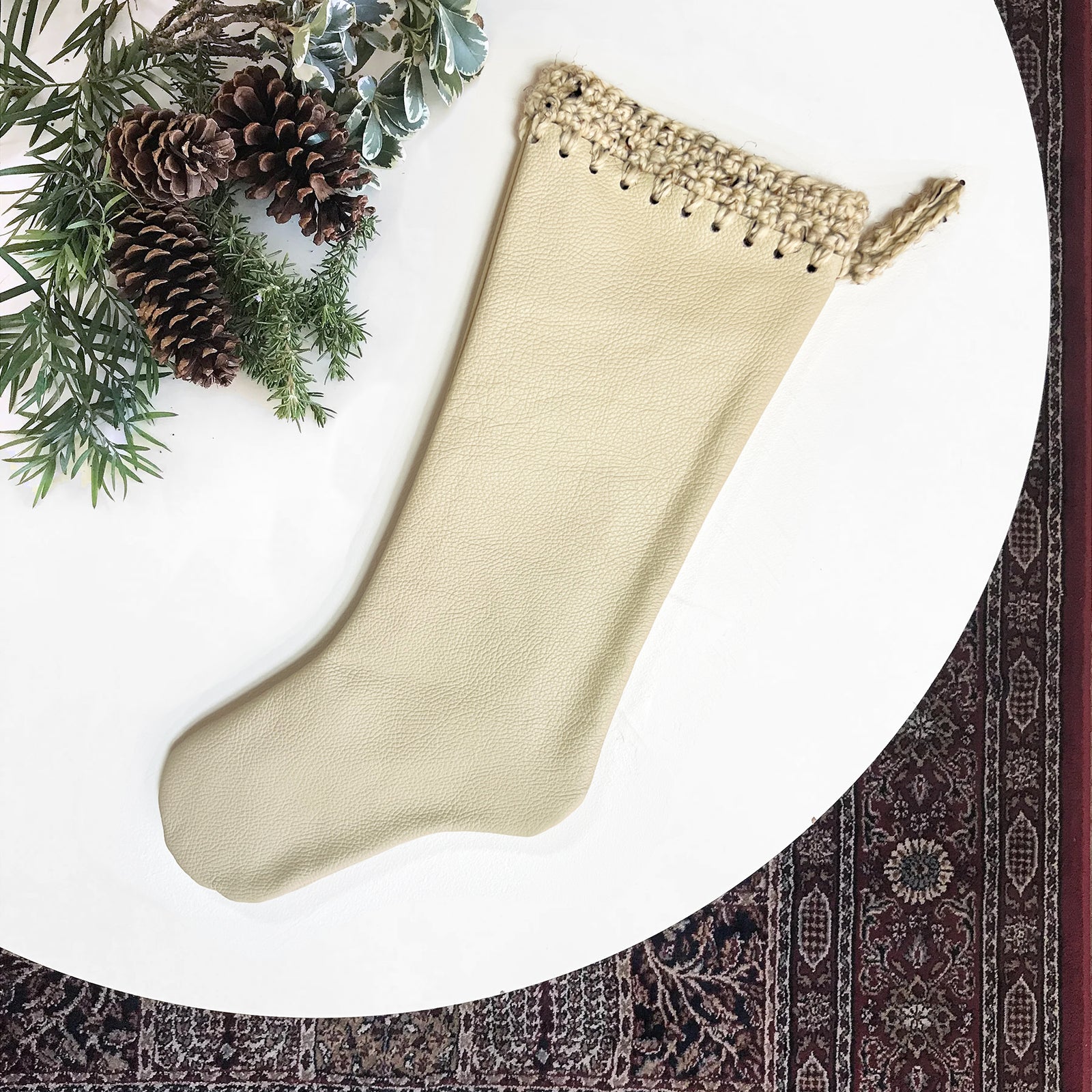 100% Cowhide Sand Leather with Hand Crochet Trim Christmas Stocking