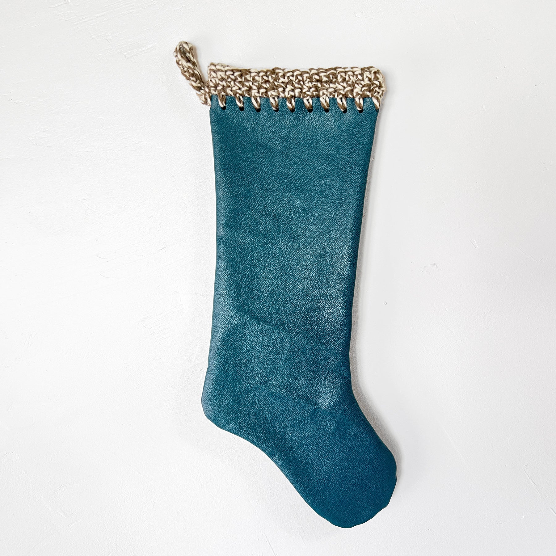 Teal Leather with Vintage Yarn Hand Crochet Trim Christmas Stocking