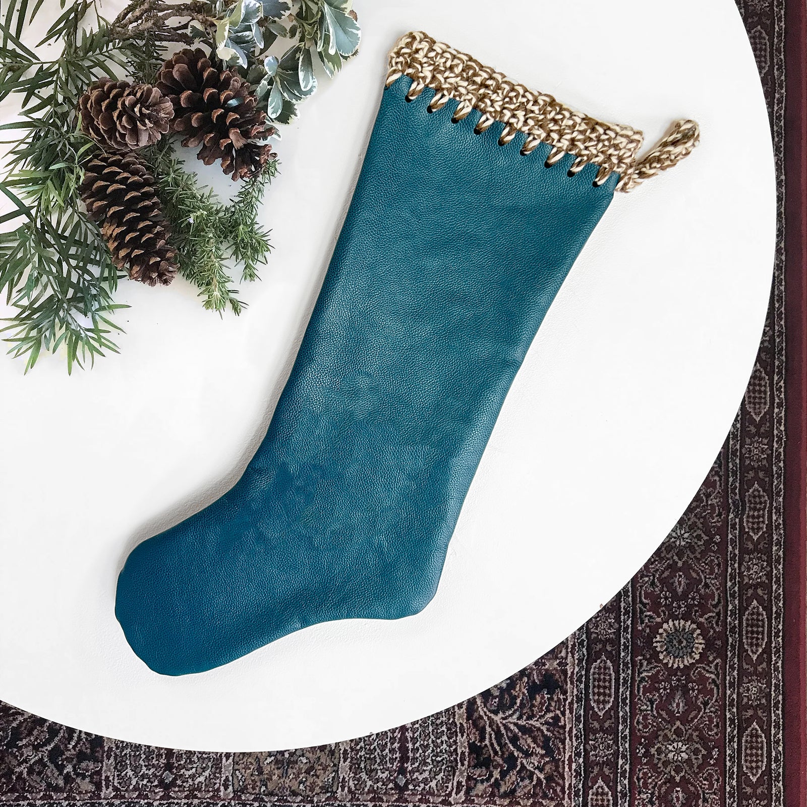 100% cowhide Teal Leather with Vintage Yarn Hand Crochet Trim Christmas Stocking