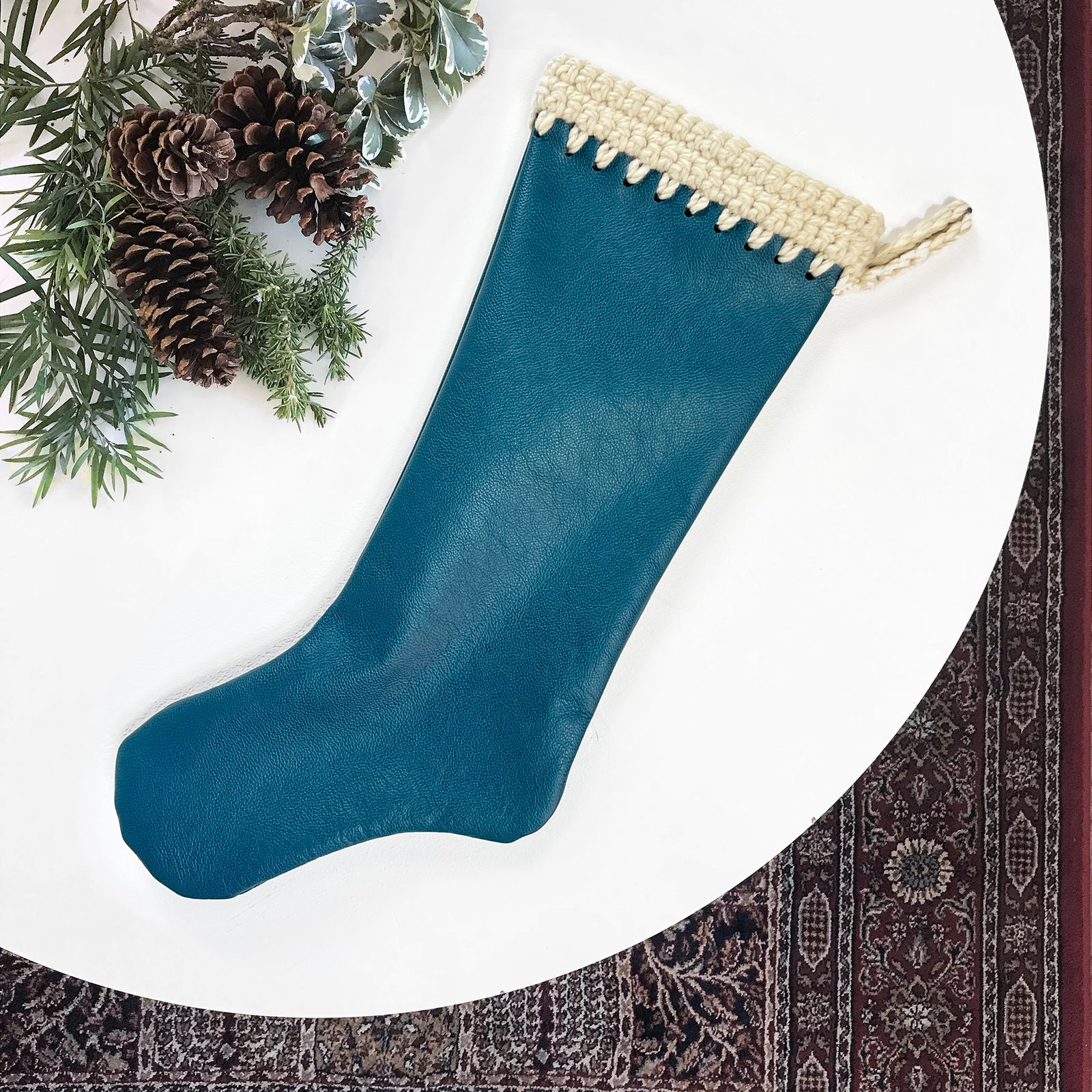 Cowhide Real Leather Teal Blue Green with Cream Hand Crochet Trim Christmas Stocking