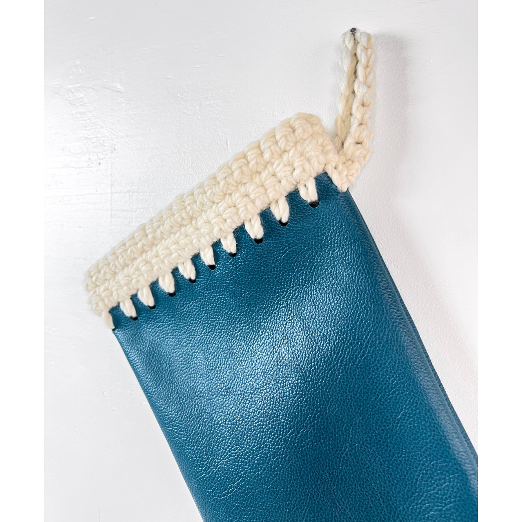 Teal Leather with Cream Hand Crochet Trim Christmas Stocking