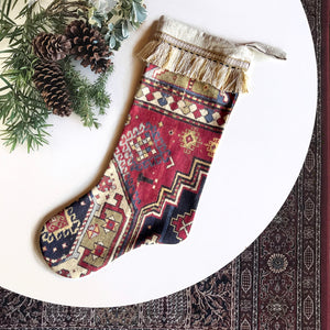 Red & Navy Antique Rug Print Christmas Stocking with Fringe Trim