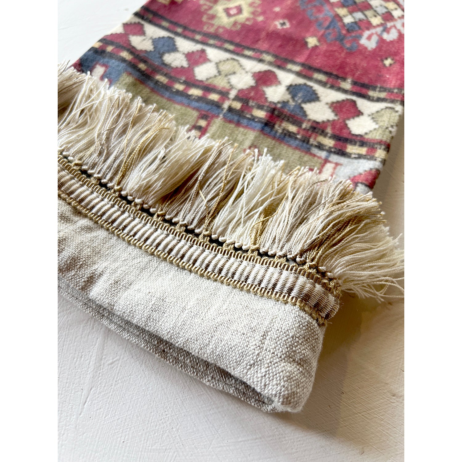 Red & Navy Antique Rug Print Christmas Stocking with Fringe Trim