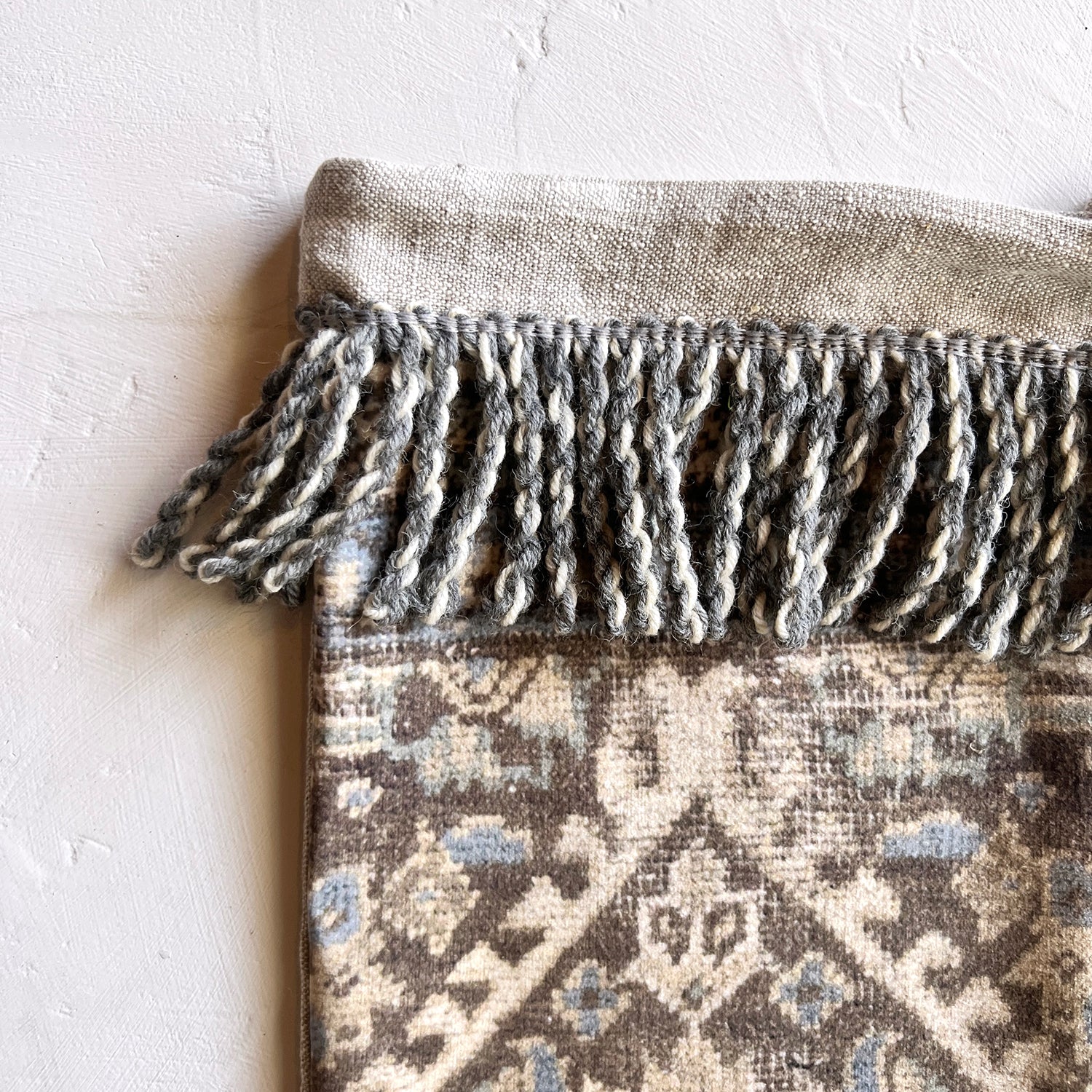 Blue & Beige Antique Rug Print Christmas Stocking with Wooly Fringe