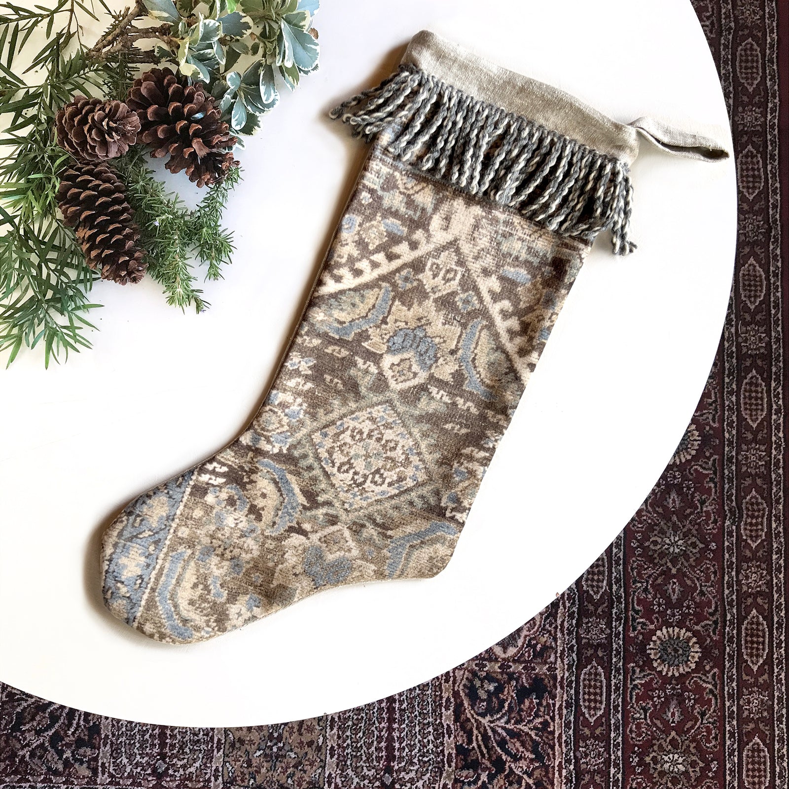 Blue & Beige Antique Rug Print Christmas Stocking with Wooly Fringe