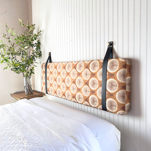 Rust & Mauve Eclipse Pattern - Wall Mounted Headboard or Backrest Cushion with Leather Straps