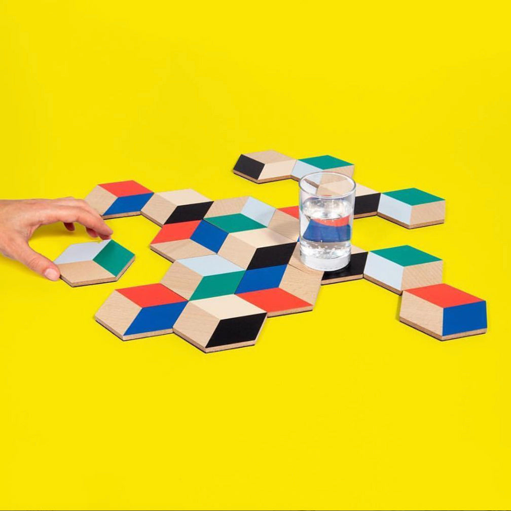 Wood & Cork Coasters - Set of 6 -  "Tumbling Blocks" Pattern