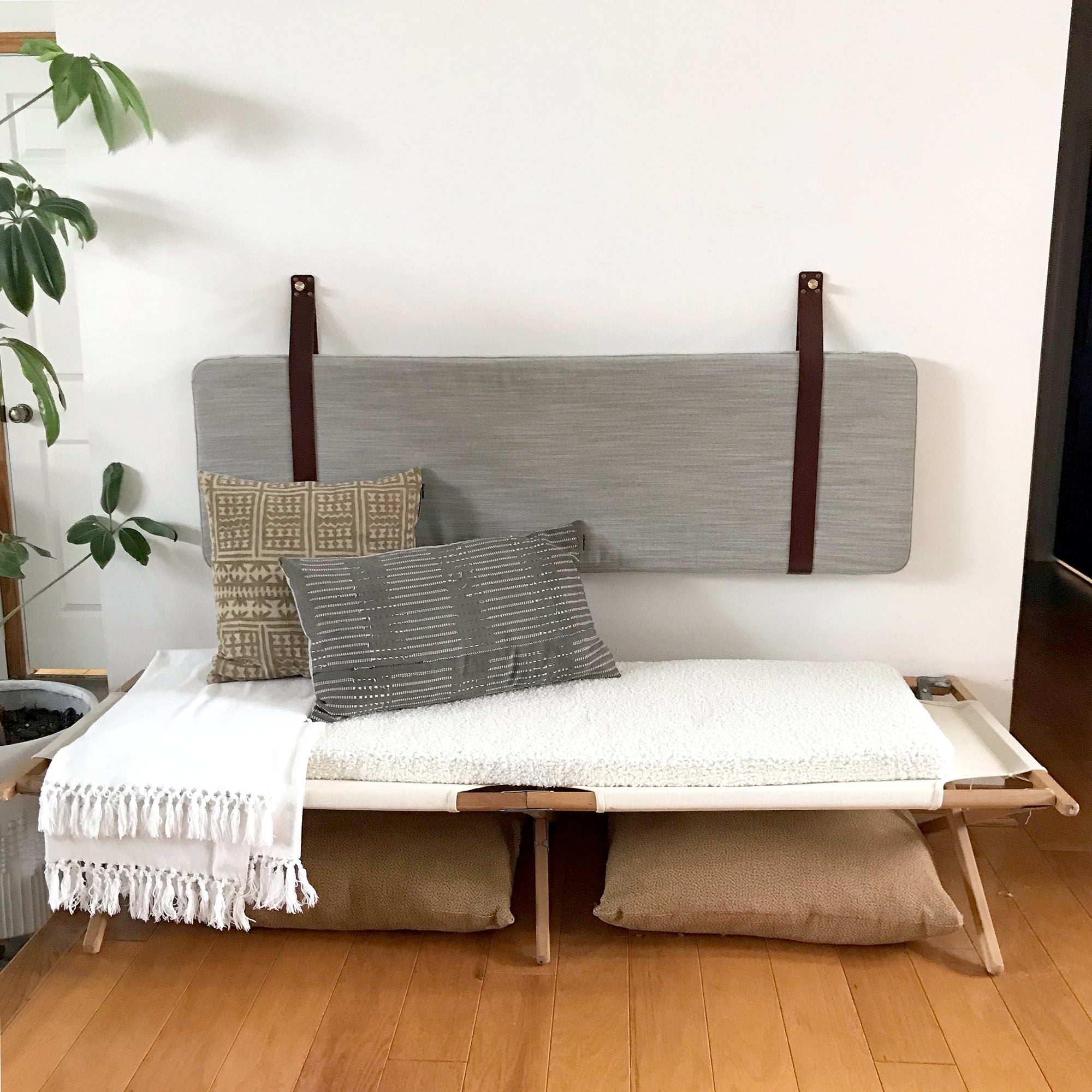 Light Gray Denim - Wall Hung Headboard Backrest Cushion with Leather Straps