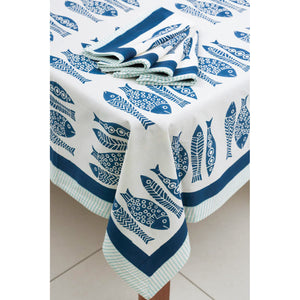 Block Print Tablecloth - Indigo & Aqua "Fish Feast" pattern