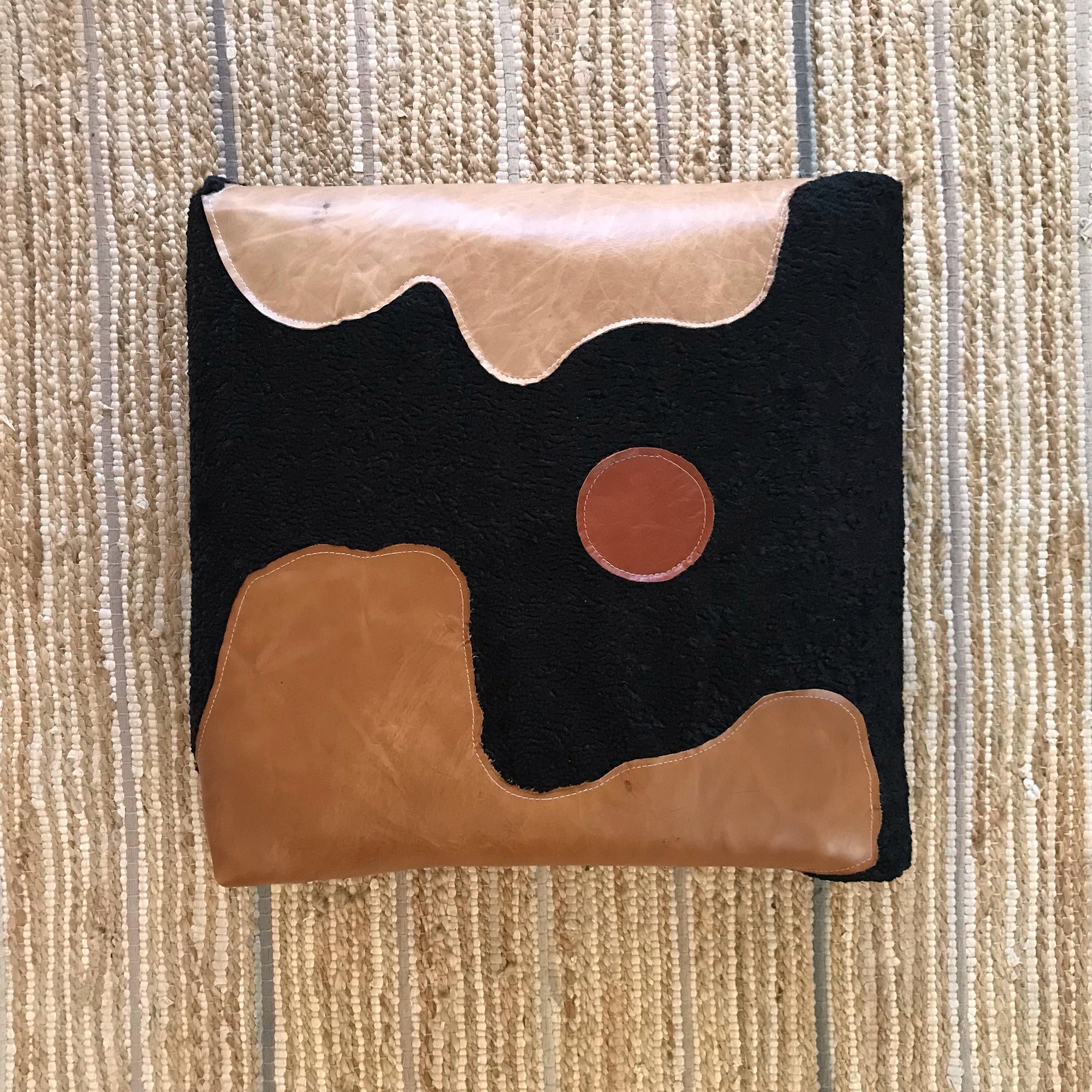 Faux Sheepskin and Real Leather Floor Cushion - Black/Bourbon/Tan