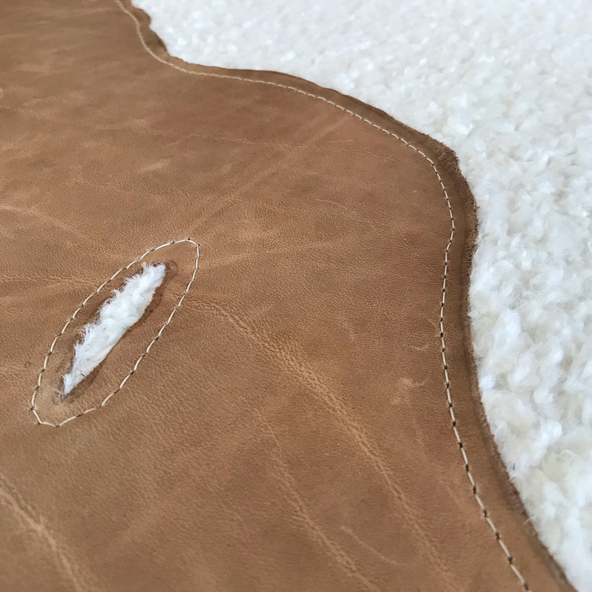 Faux Sheepskin and Real Leather Floor Cushion - Off White/Bourbon/Tan